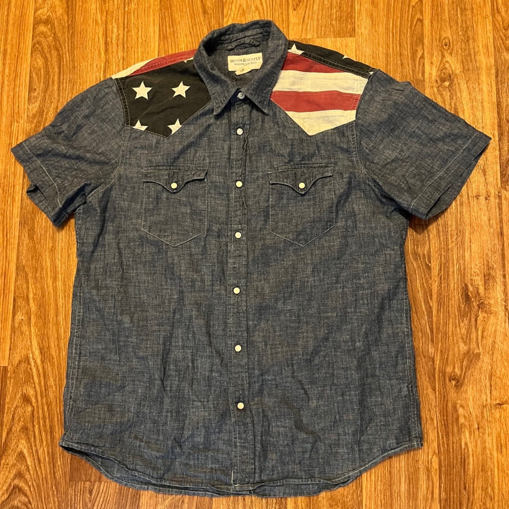 Vintage‎ Denim & Supply Ralph Lauren Shirt Men Lg Cowboy Chambray Western Snap